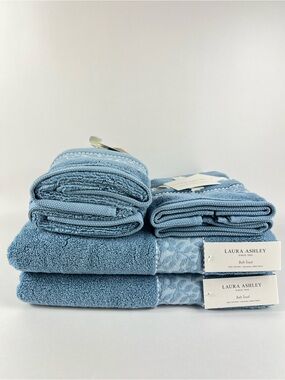 Laura Ashley Bath Towel Set MILLIE Blue with Leaf Trim 100% Cotton 6 Pc NEW